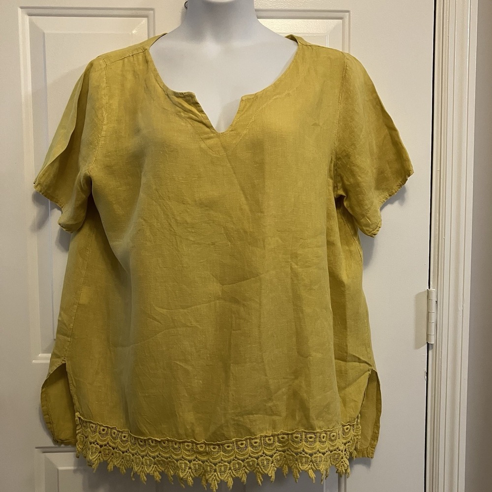 Nina Murati Italy Sz XL/1X Blouse Top Mustard Yellow Embroidered Tunic Linen‎
